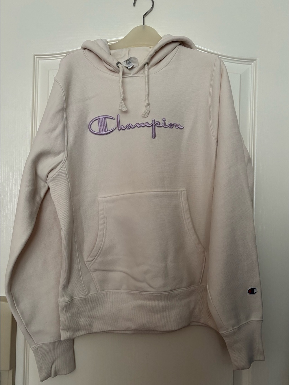 Champion Hoodie in Cream with Lavender Logo Tag